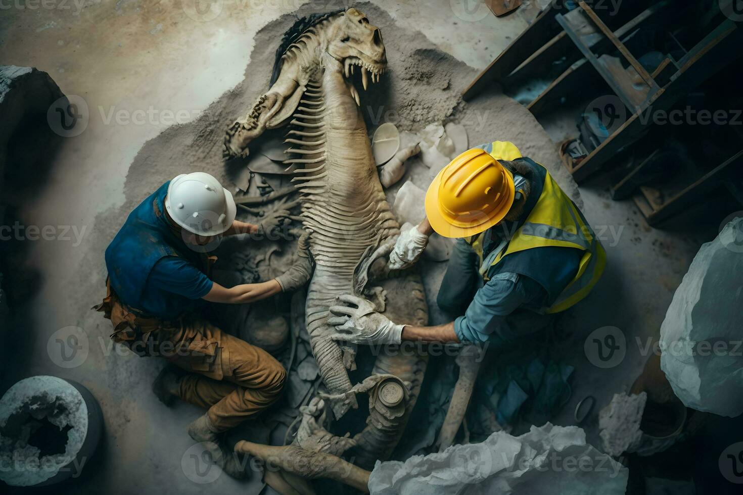 arqueólogo trabajos en un arqueológico sitio con dinosaurio esqueleto en pared Roca fósil tiranosaurio excavaciones neural red ai generado foto