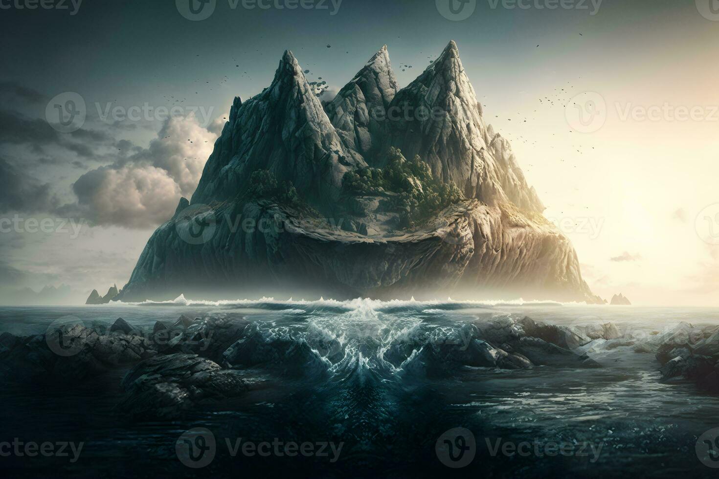 Idyllic underwater view of lone small island above and below the water surface. Neural network AI generated photo