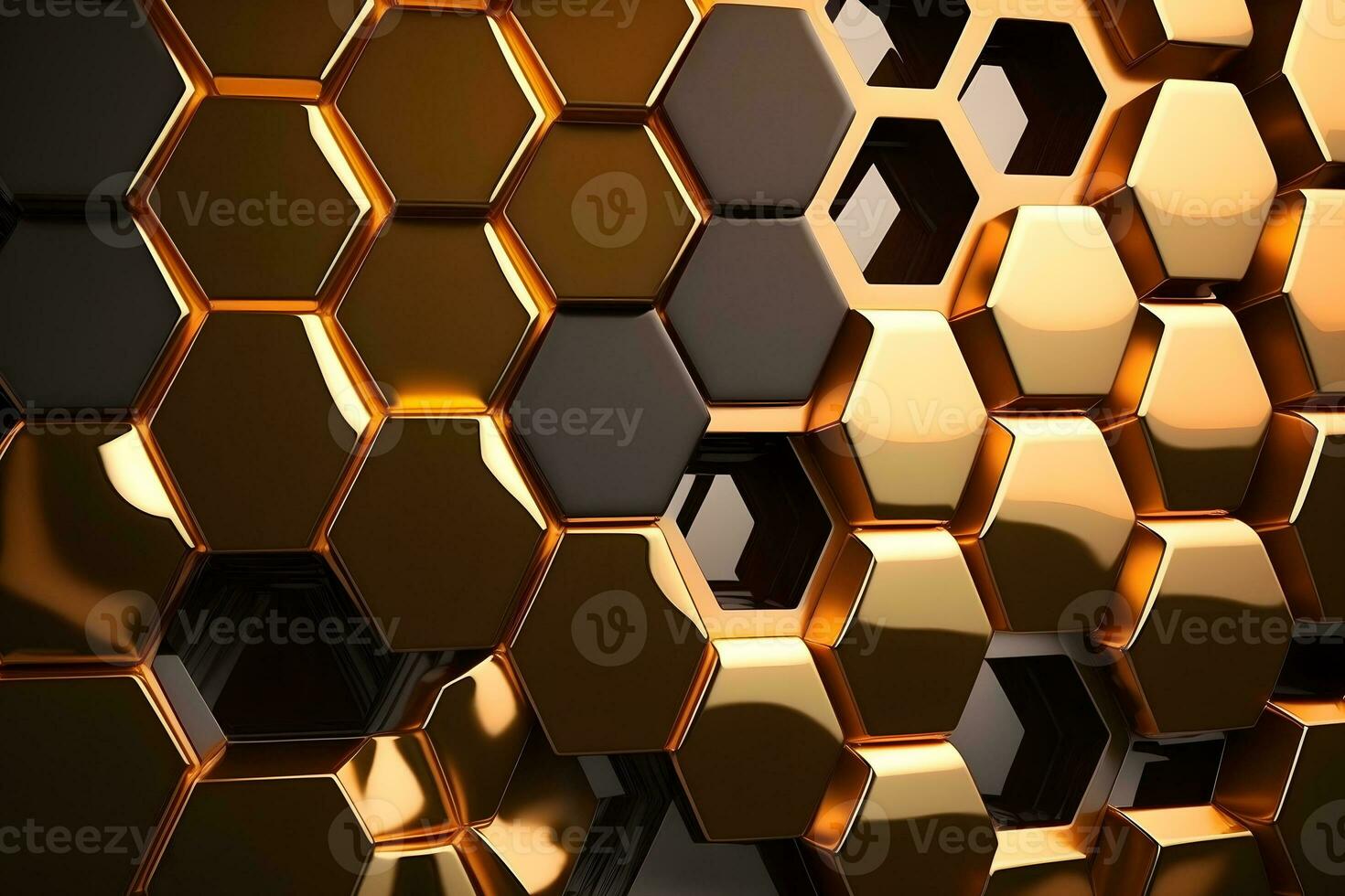 Illustration of shiny honeycomb gold background. Neural network AI generated photo