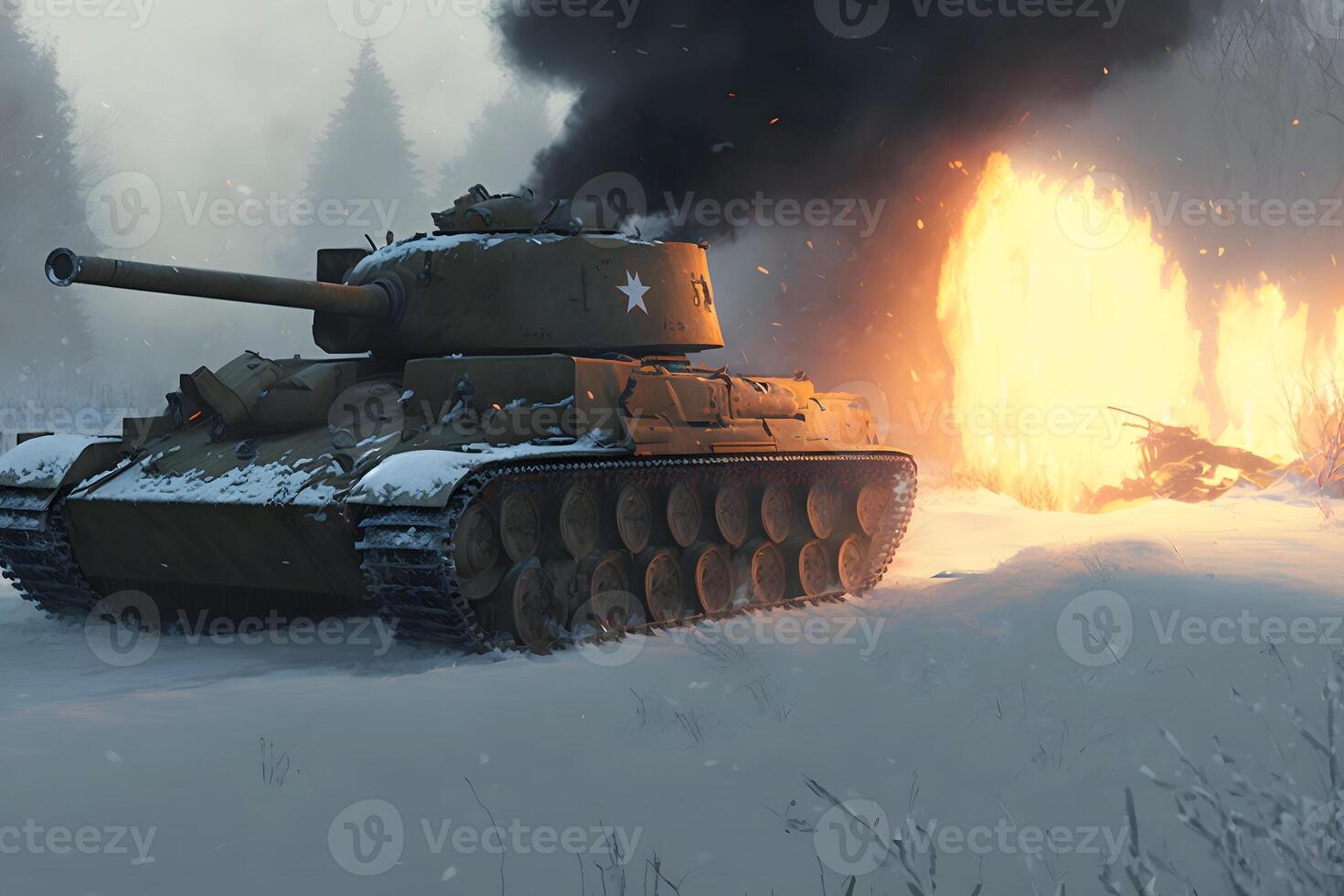 military battle tank in winter landscape. Neural network AI generated art photo