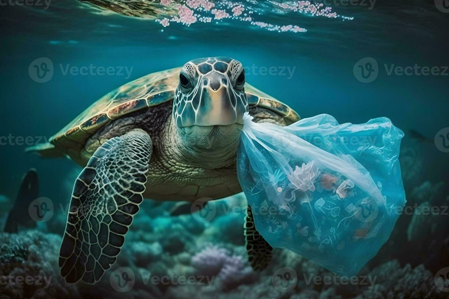 Underwater concept of global problem with plastic rubbish floating in the oceans. Hawksbill turtle in caption of plastic bag. Neural network AI generated photo
