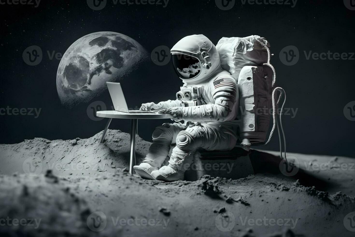 Astronaut in outer space working on a laptop. Neural network AI generated photo
