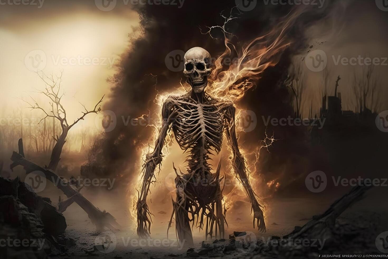 Scary skeleton on fire. Neural network AI generated photo