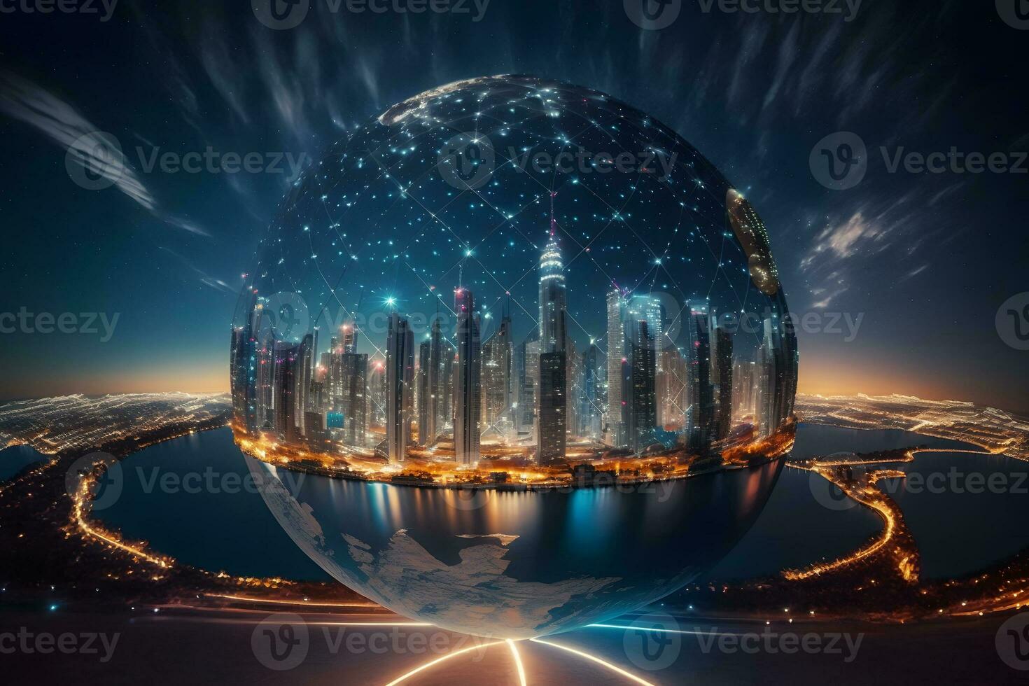 Global social network. Future. Blue futuristic background with planet Earth. Internet and technology. Neural network AI generated photo