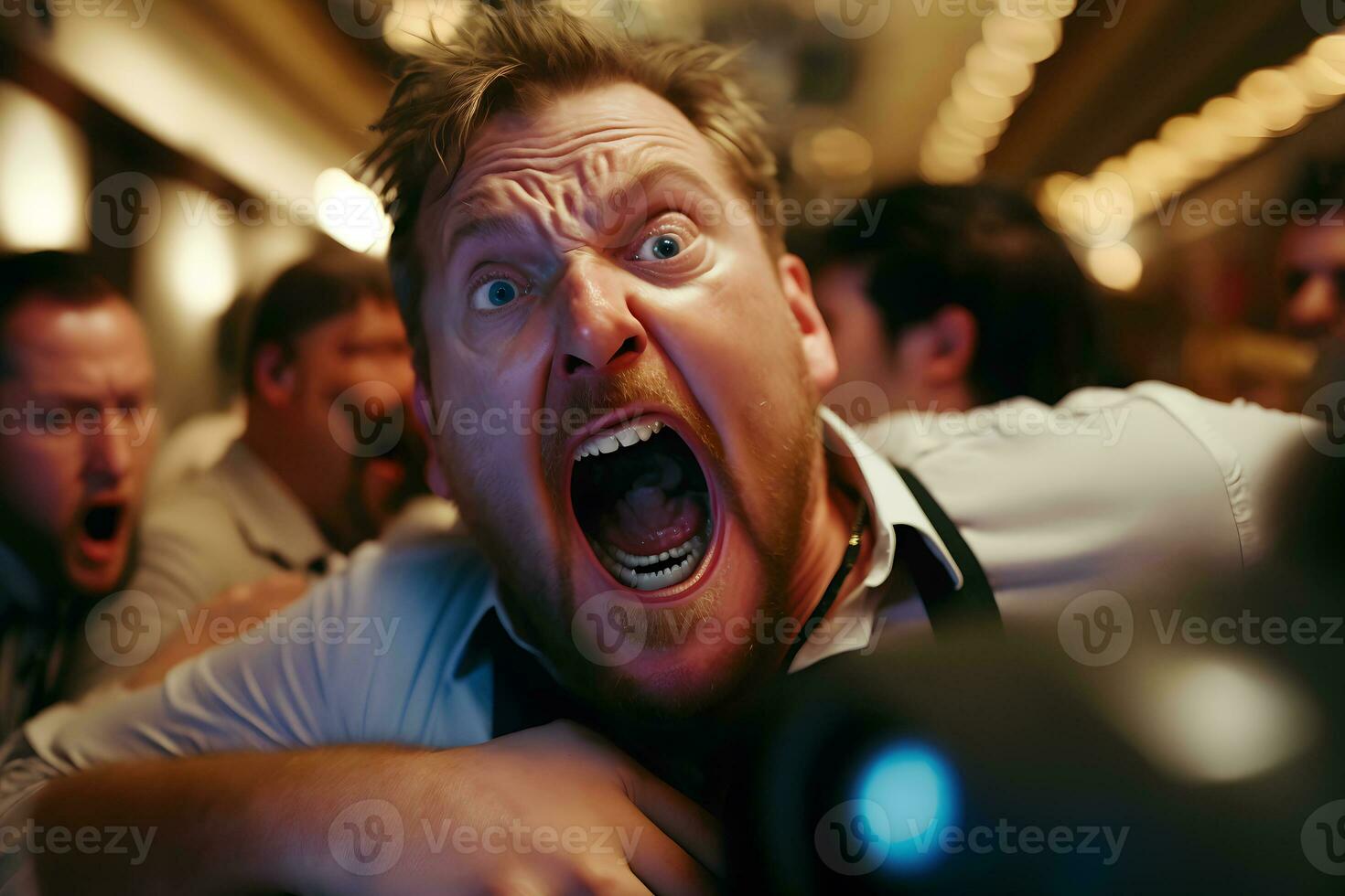 Crowd of panicking people. People scream in fear. Neural network AI generated photo