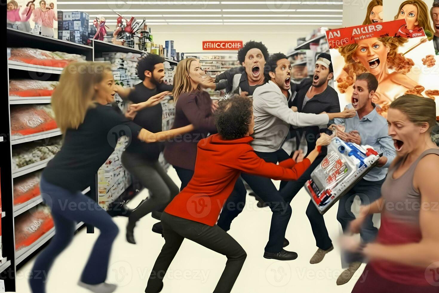 Crowd of people on black friday fighting for promotional goods. Neural network AI generated photo