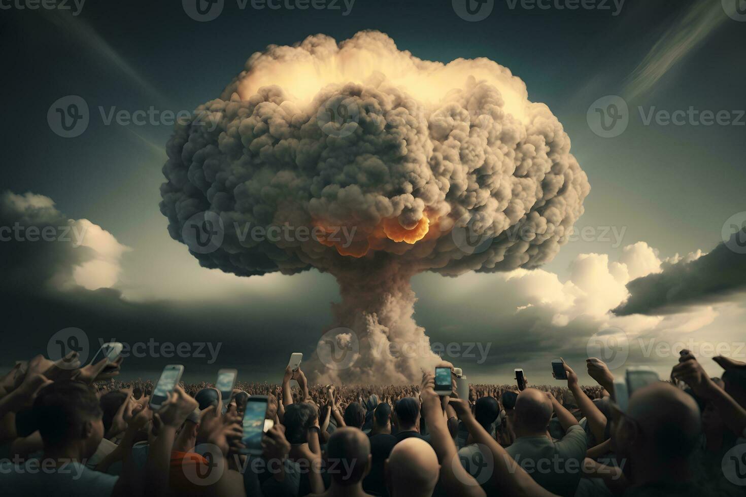 Crowd of people photographing mushroom cloud. Neural network AI generated photo