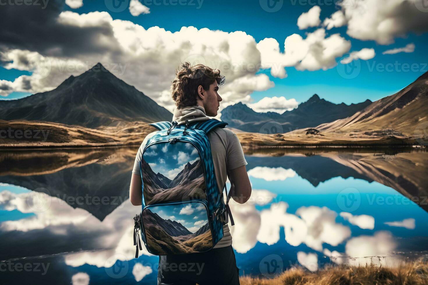 turista con un mochila en un montaña caminata. neural red ai generado foto