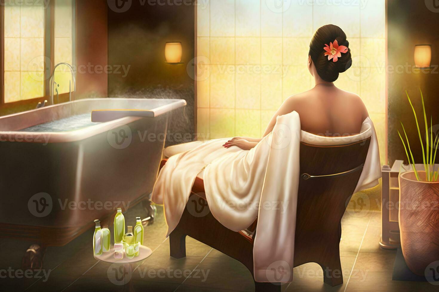 Beautiful young woman relaxing in spa salon. Neural network AI generated photo