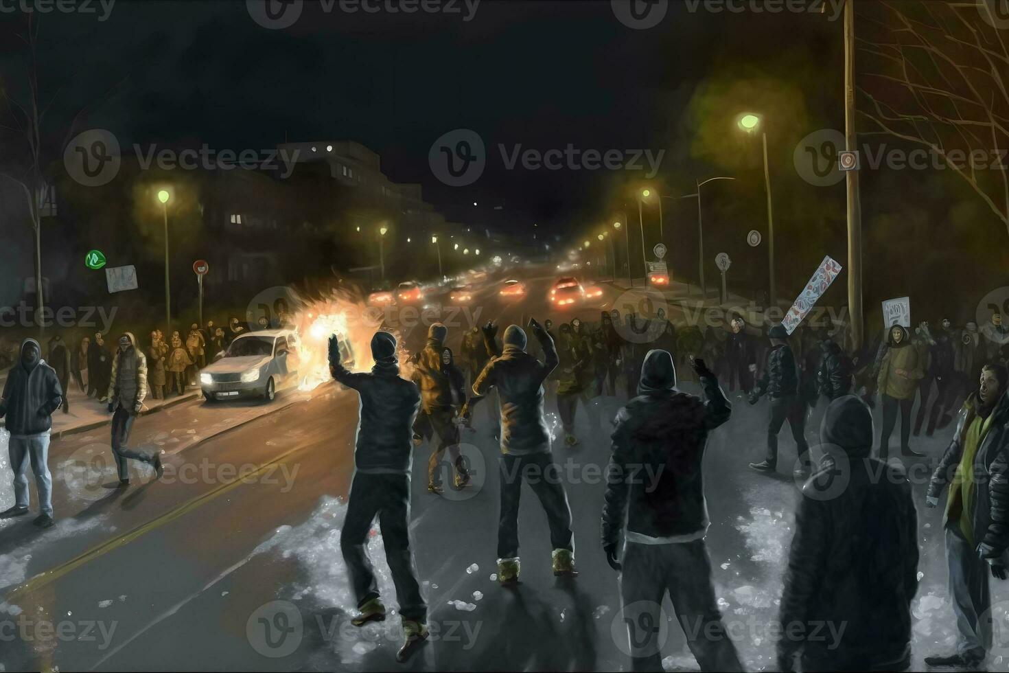 Crowd of people with posters and flags standing in front of parliament building during post election protest. Neural network AI generated photo