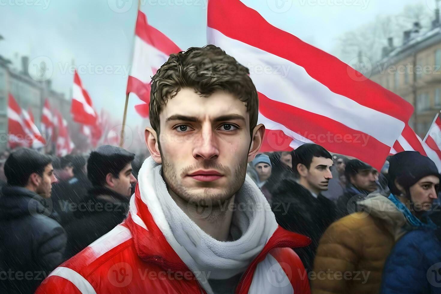 A man in front of a protesting crowd. Neural network AI generated photo