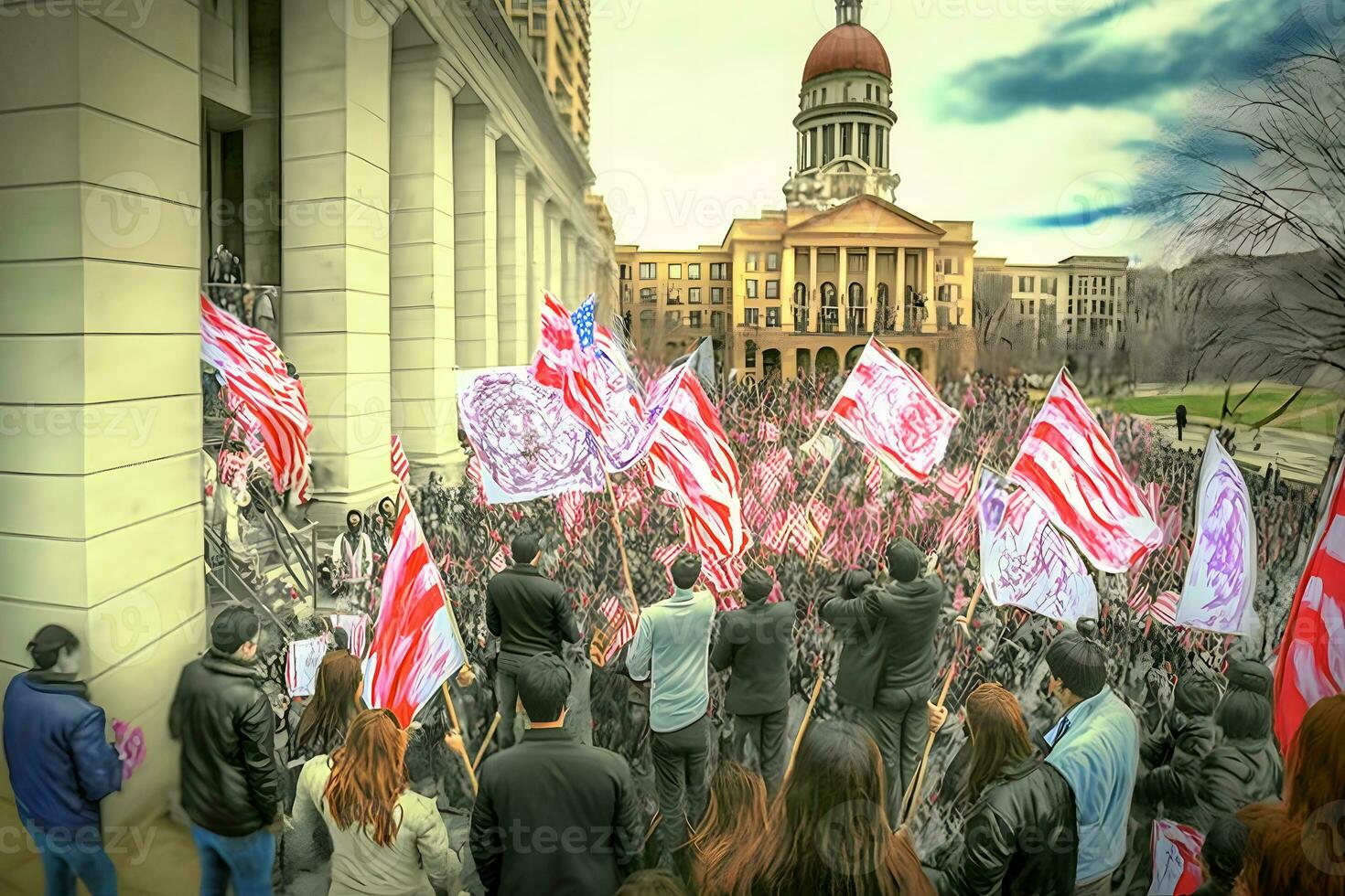 Crowd of people with posters and flags standing in front of parliament building during post election protest. Neural network AI generated photo