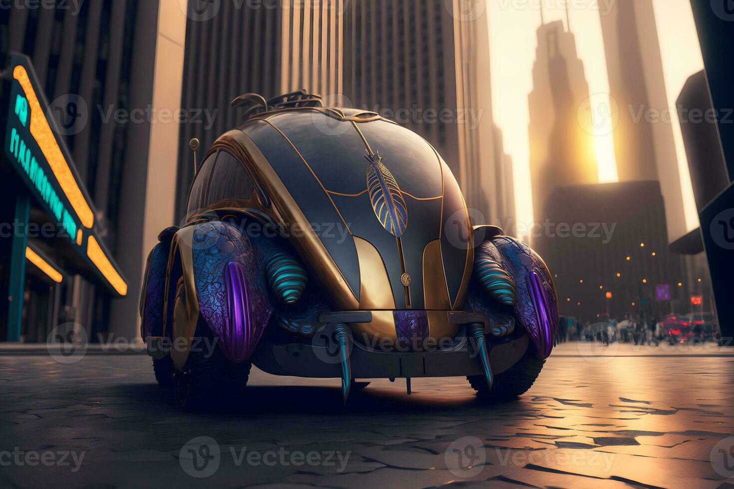 Modern futuristic car with bettle design in city center. Neural network generated art photo