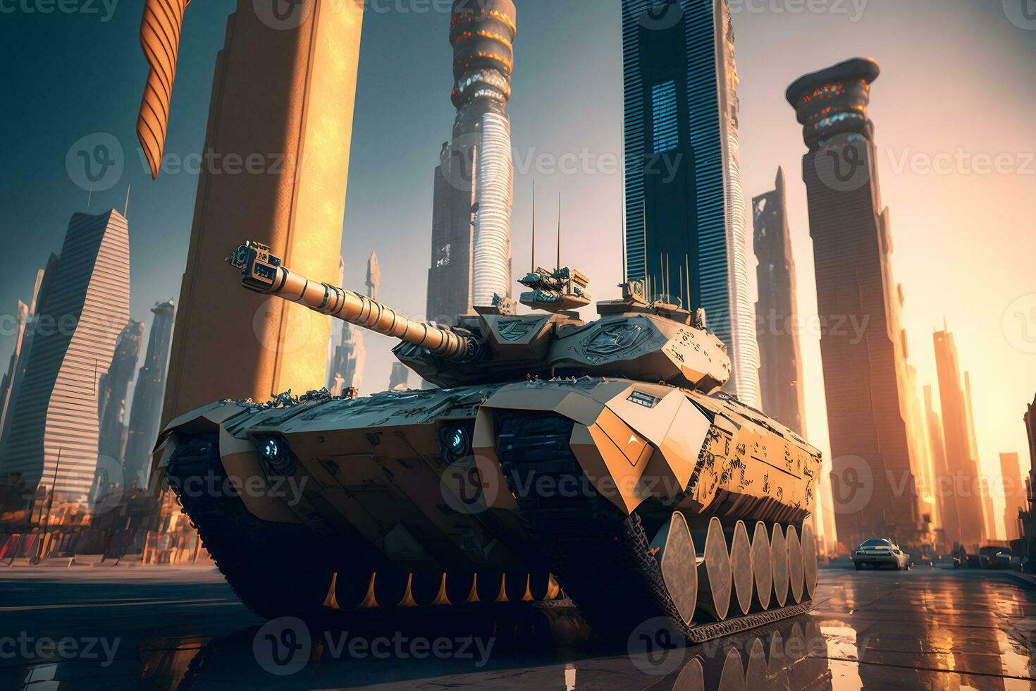 moderno futurista batalla tanque con torreta y cañón en ciudad centro. neural red generado Arte foto