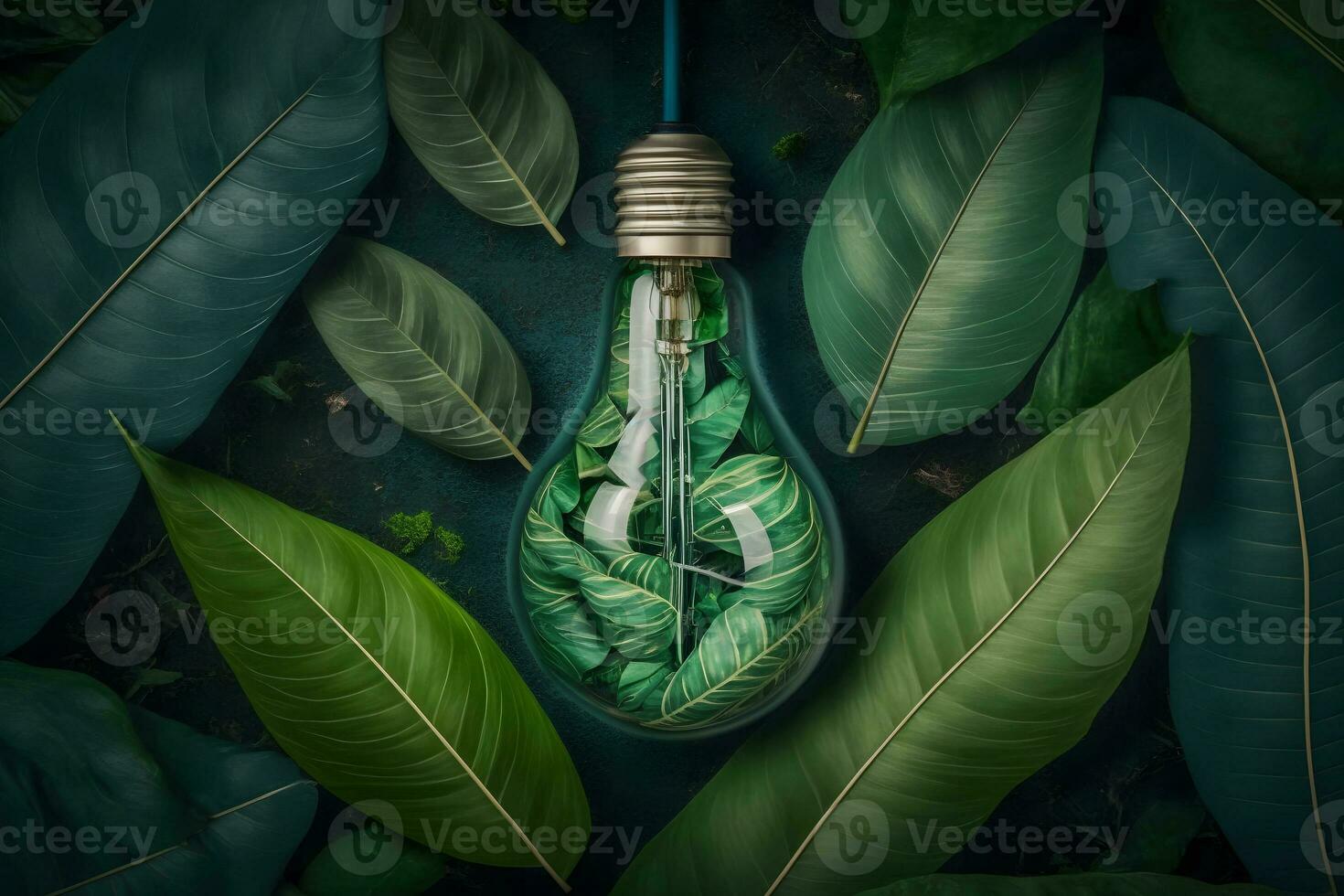 light bulb against nature on green leafs energy sources for renewable, sustainable development. Ecology concept. Neural network AI generated photo