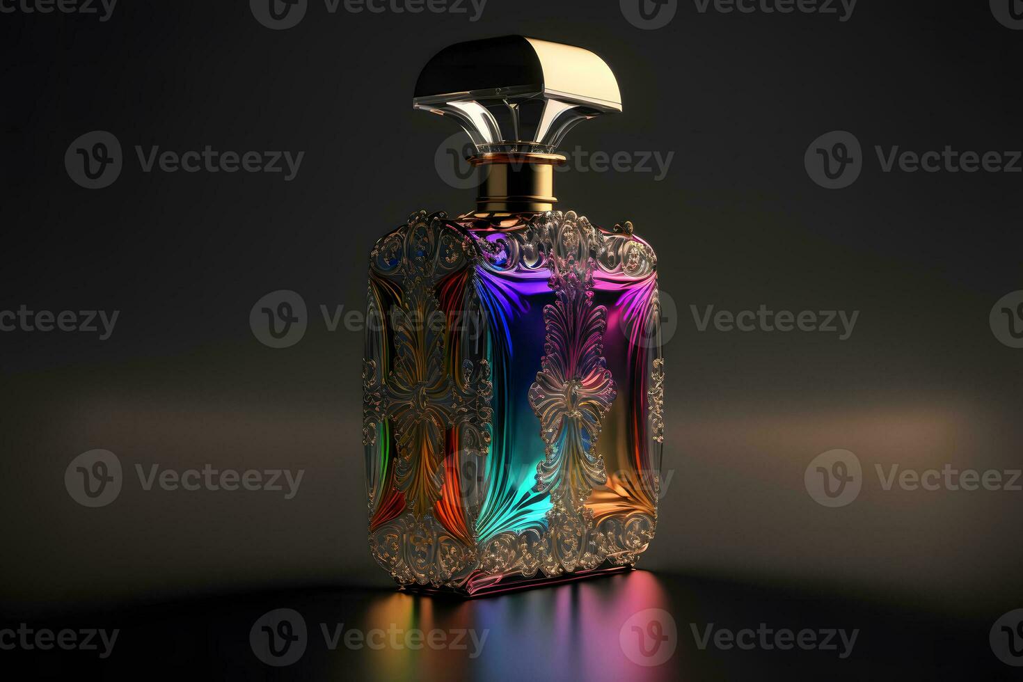 A Bottle of Perfume Women Eau De Parfum in Bottle Isolated on Black. Fragrance for Women Perfume Spray. Neural network generated art photo