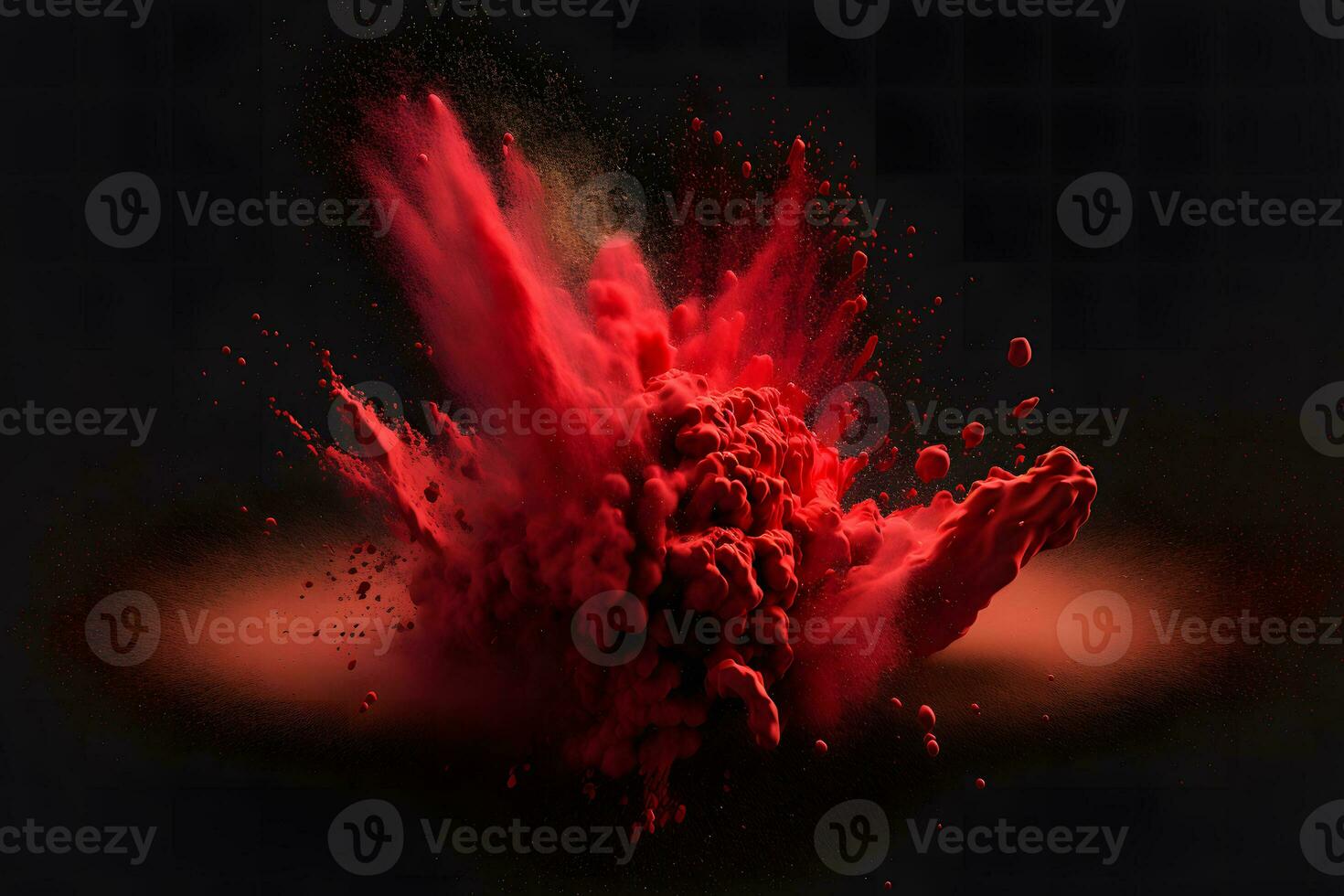 Explosion of red color paint powder on black background. Neural network generated art photo