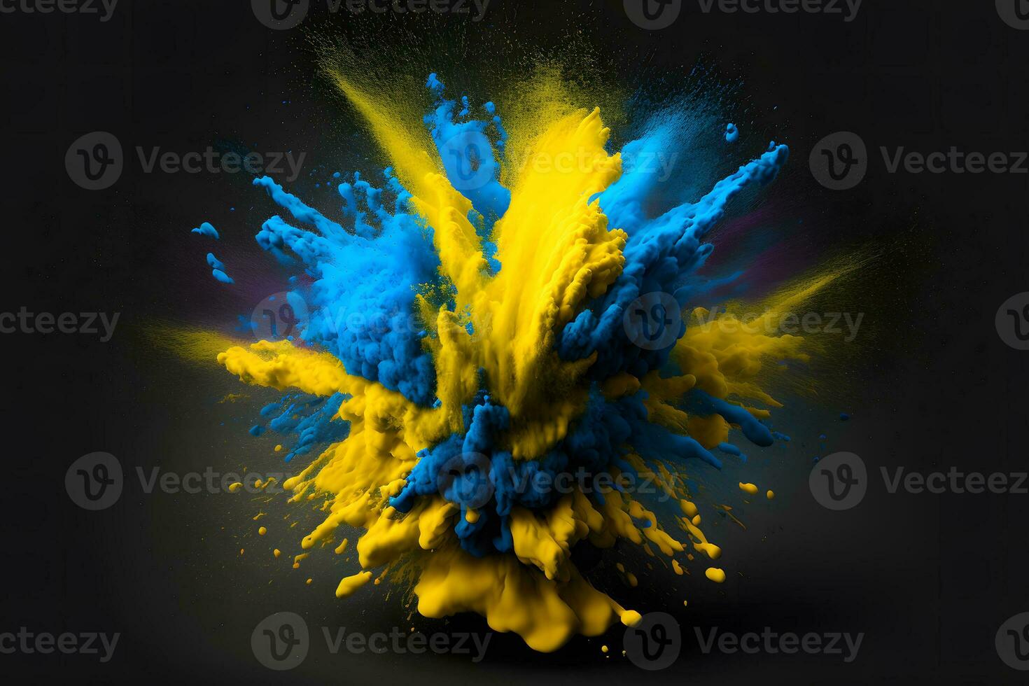 Explosion of yellow and blue color paint powder on black background. Neural network generated art photo