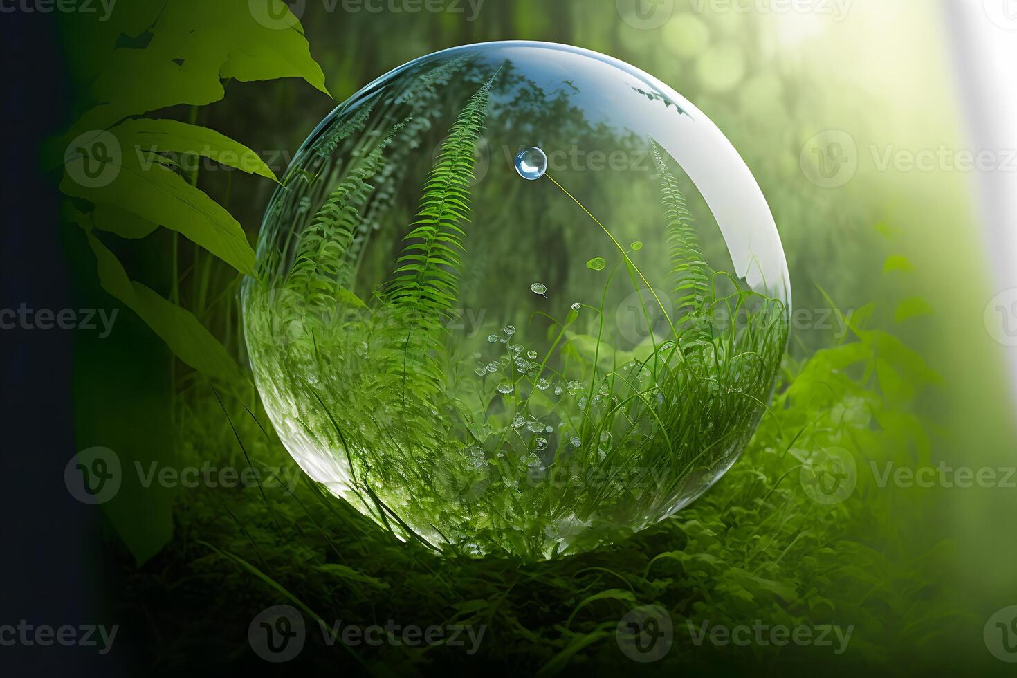 Crystal ball on green grass with reflection of green vegetation inside. Neural network generated art photo