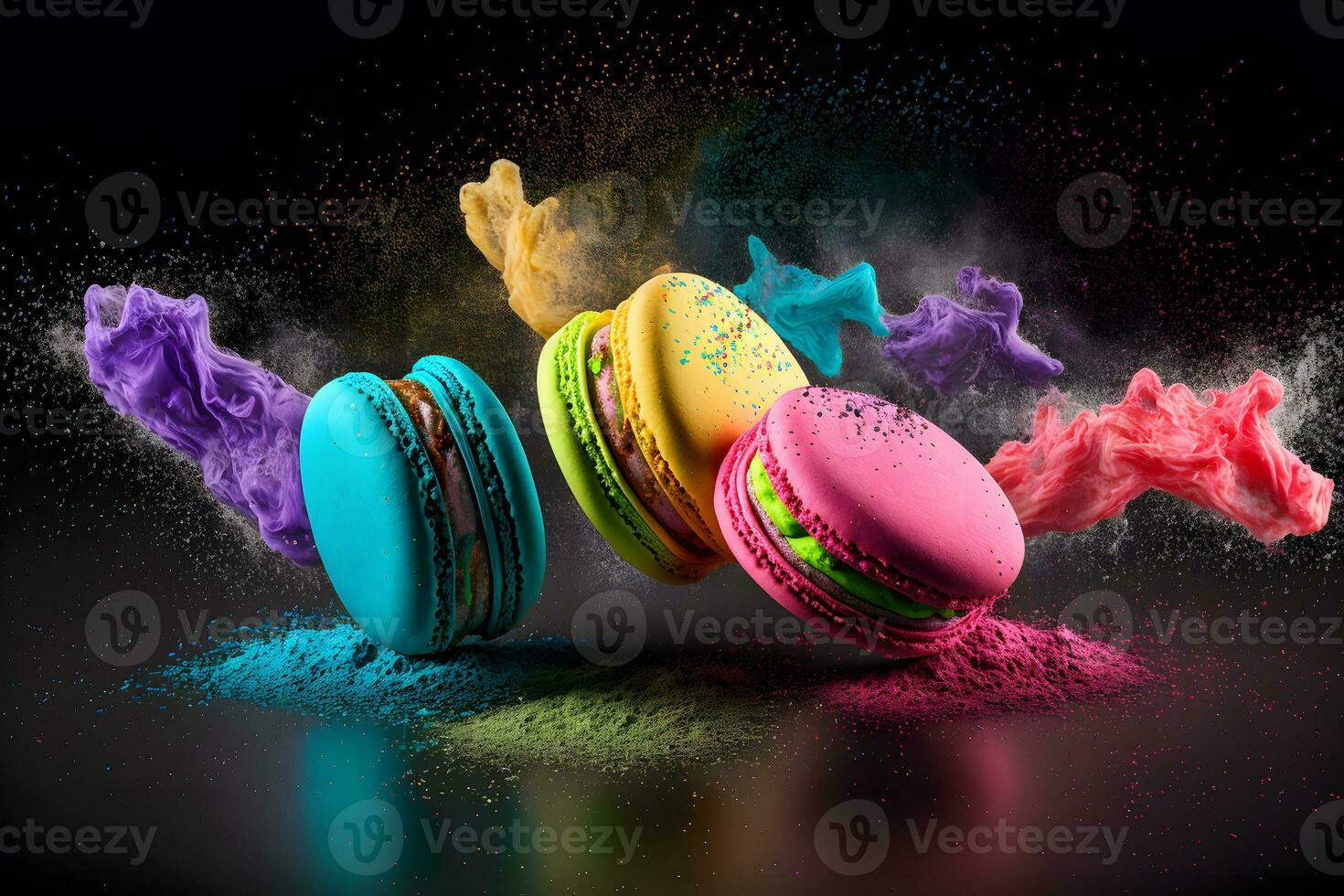 Colorful macarons with sugar powder explosion moment on black background. Neural network generated art photo