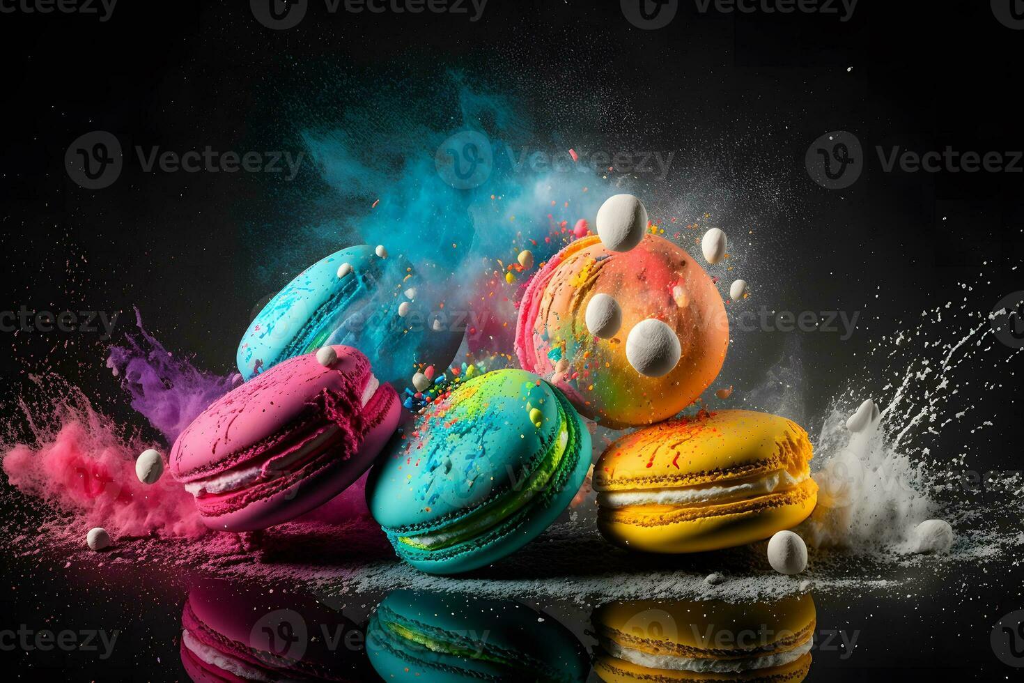 Colorful macarons with sugar powder explosion moment on black background. Neural network generated art photo