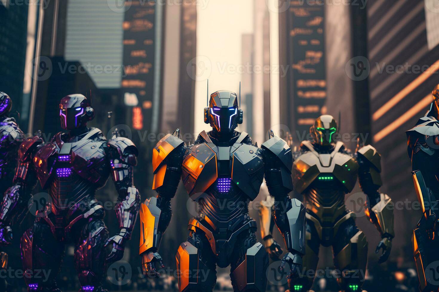 Many modern futuristic male humanoid robots with metal outfit. Neural network generated art photo