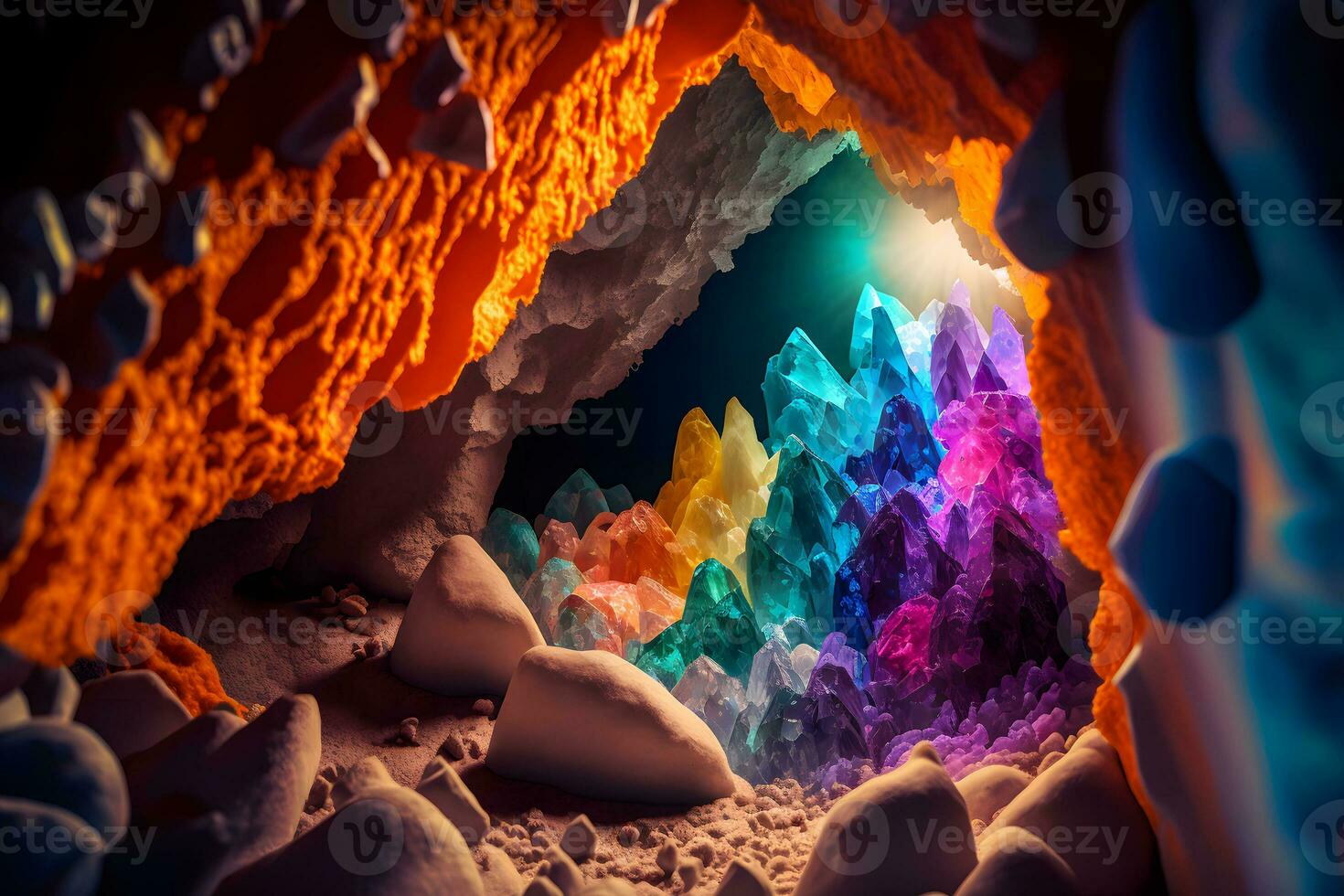 Beautiful wild crystal stalactites and stalagmites in cave. Neural network generated art photo