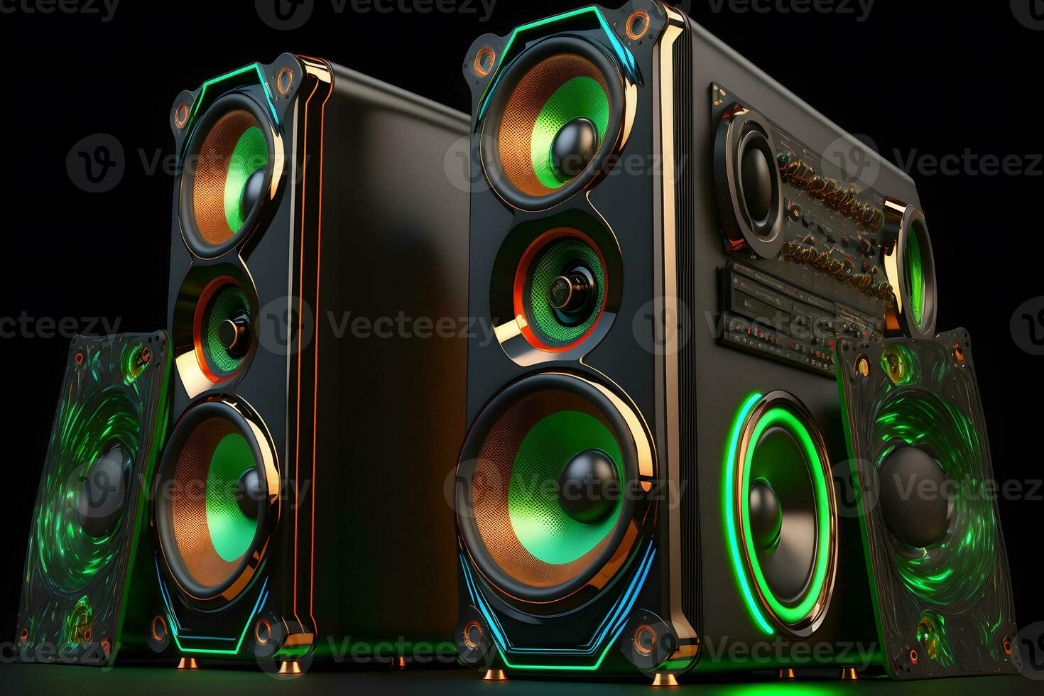 Big and powerful modern sound speakers close up. Audio stereo system. Neural network generated art photo