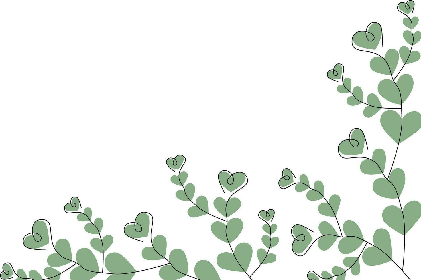 Corner frame of abstract spring twigs with hearts in trendy green shade. Design concept for greeting vector