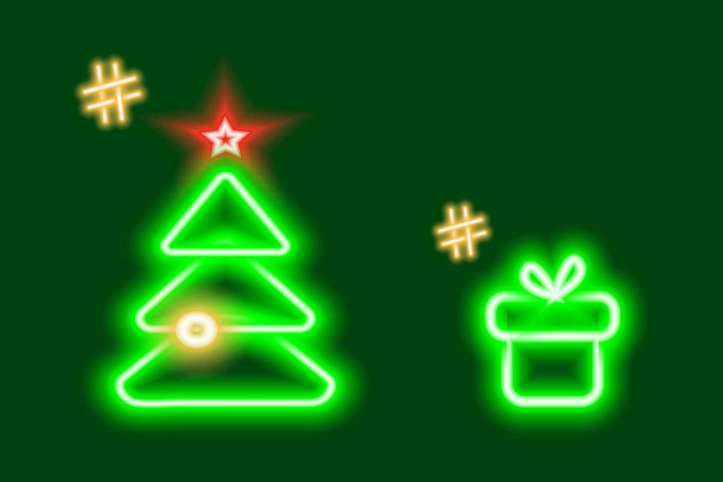 2 Neon glowing Christmas tree and gift box icons with hashtags in trendy green shads. Design concept vector