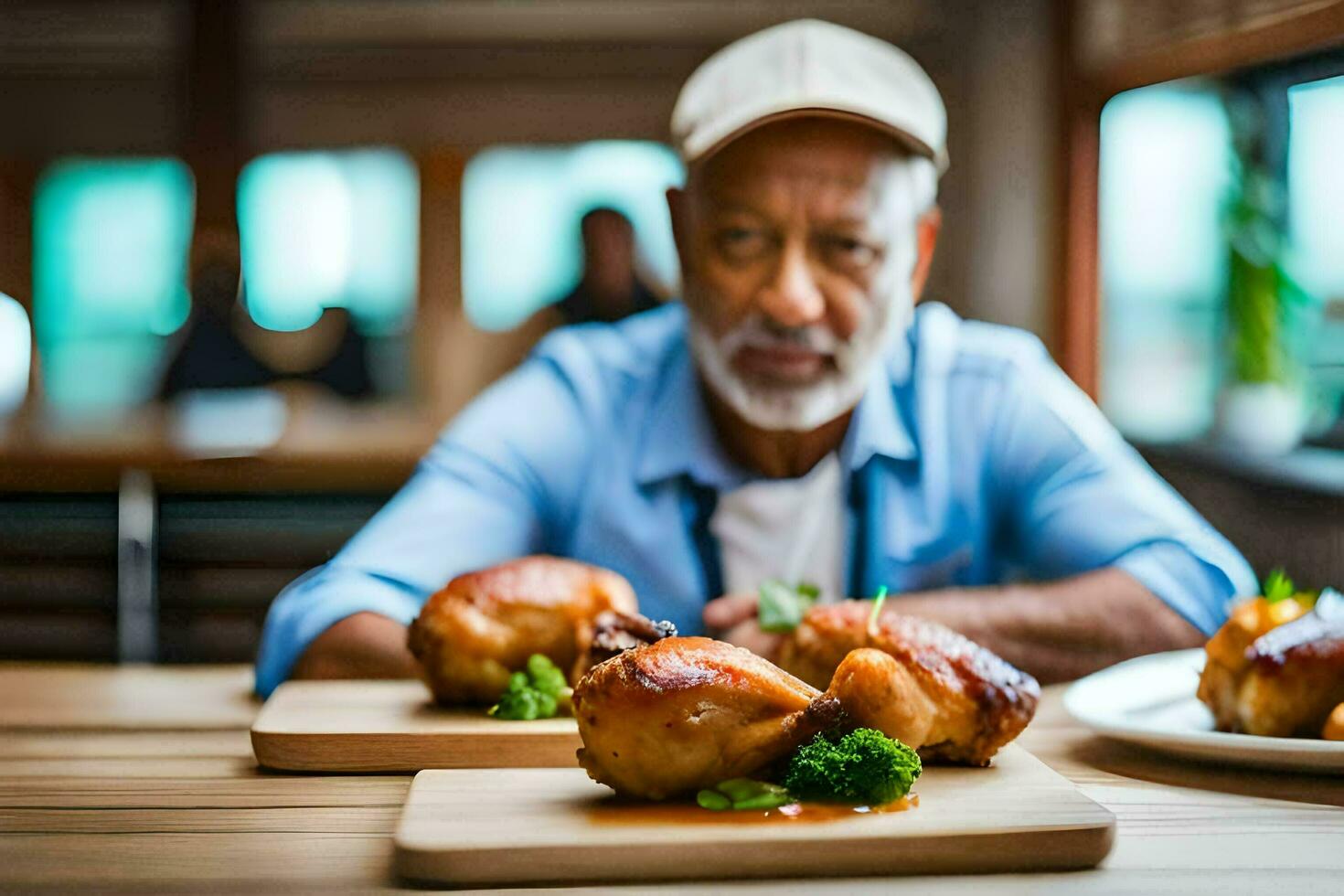 an older man sitting at a table with two chicken wings. AI-Generated photo