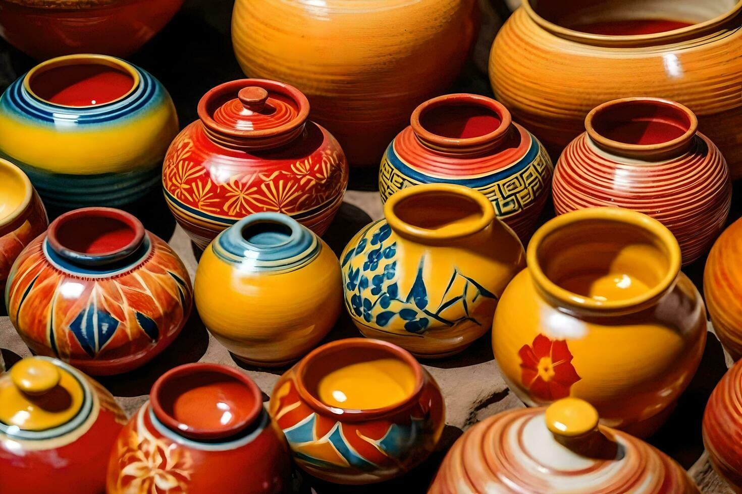 many colorful pottery vases are displayed on a table. AI-Generated photo