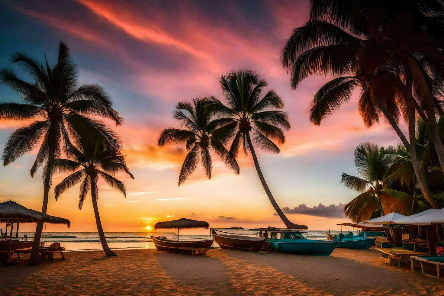 un hermosa puesta de sol en el playa con palma arboles generado por ai foto