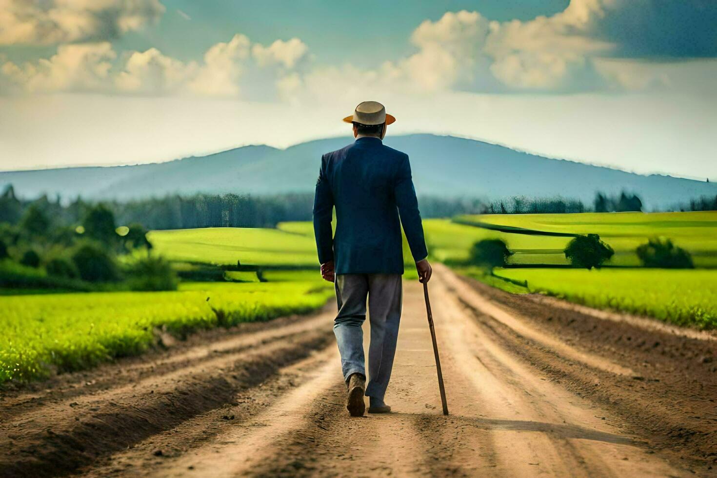a man in a suit and hat walking down a dirt road. AI-Generated photo