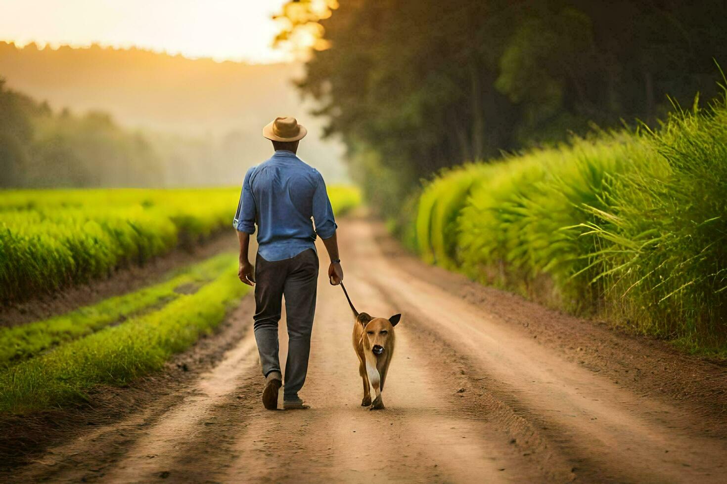 a man walking his dog down a dirt road. AI-Generated photo