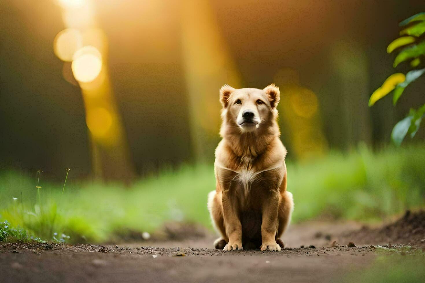 a dog sitting on the ground in the woods. AI-Generated photo