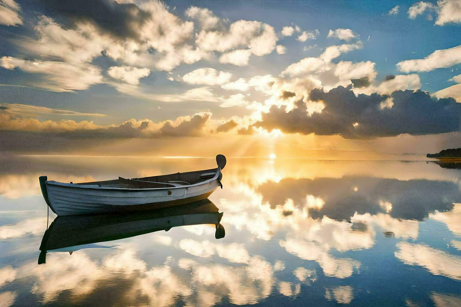 a boat is sitting on the water at sunset. AI-Generated photo