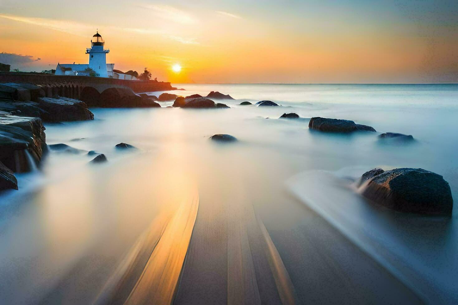 a lighthouse is seen in the distance at sunset. AI-Generated photo