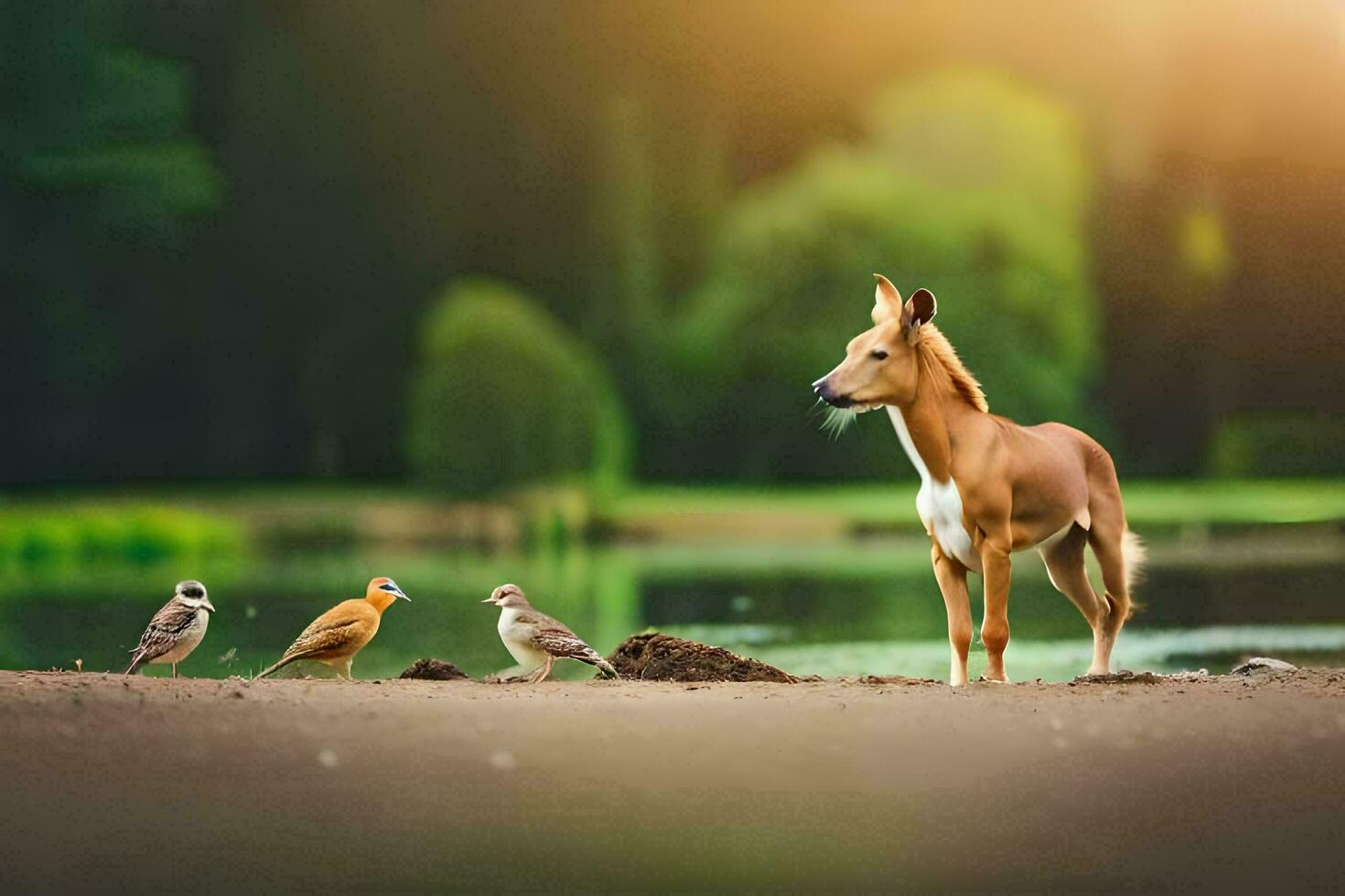 a dog and birds standing next to a pond. AI-Generated photo