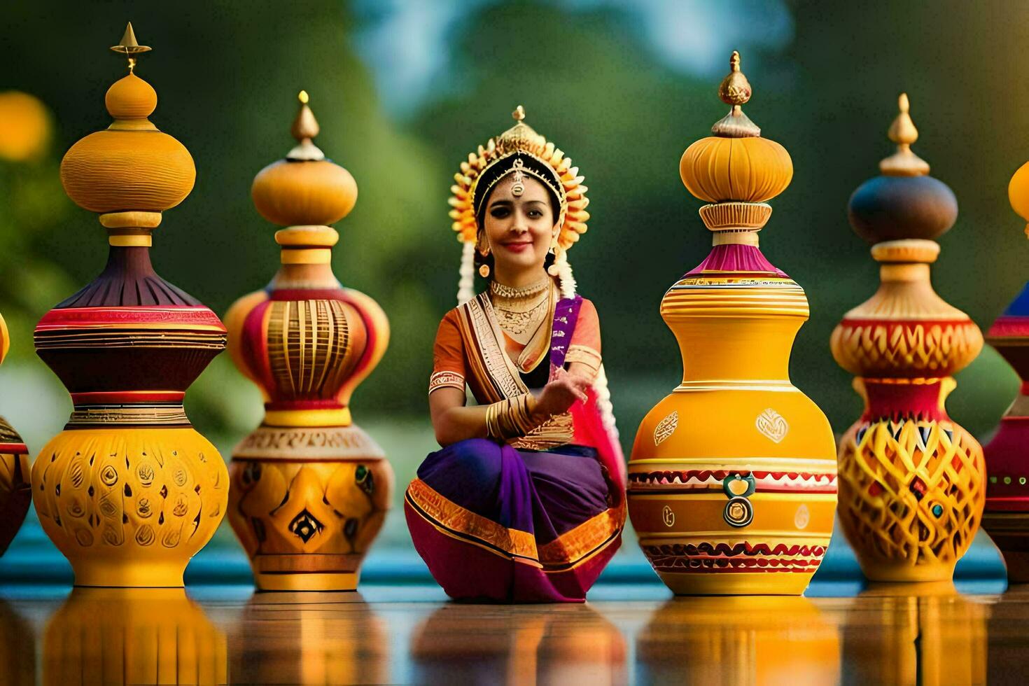 a woman in indian dress sitting on a set of colorful vases. AI-Generated photo