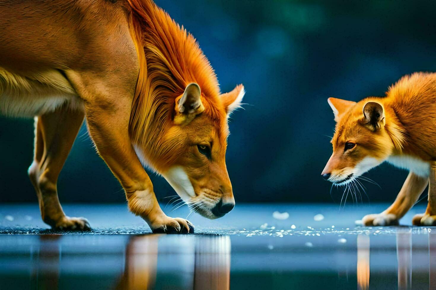 two young dingo's playing in the water. AI-Generated photo