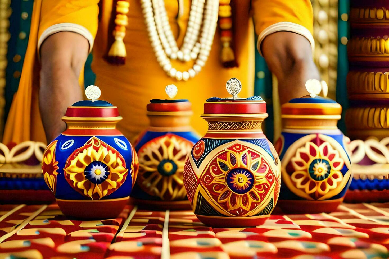 a man in traditional indian attire is holding a pot. AI-Generated photo