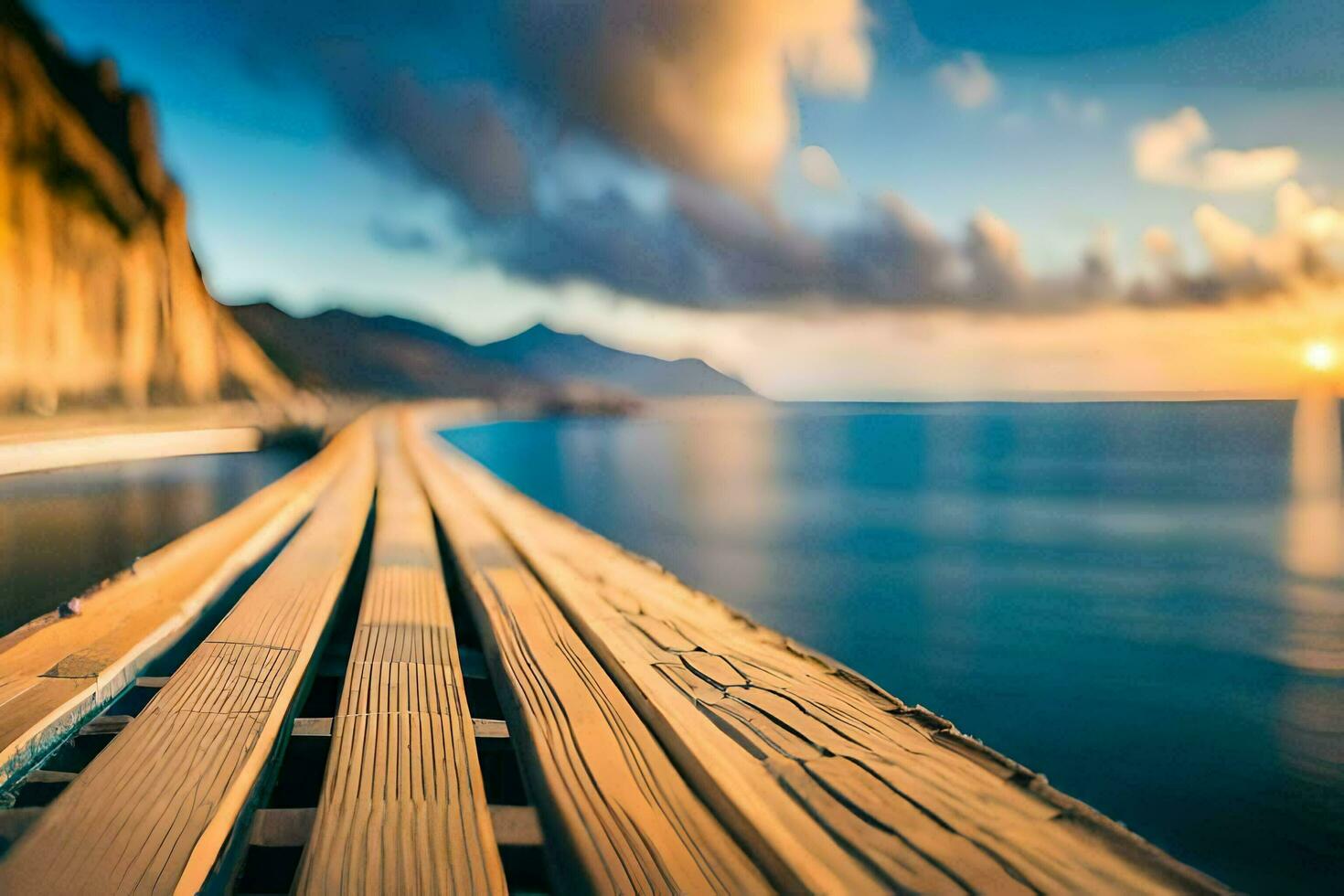a long wooden pier with a sunset in the background. AI-Generated photo