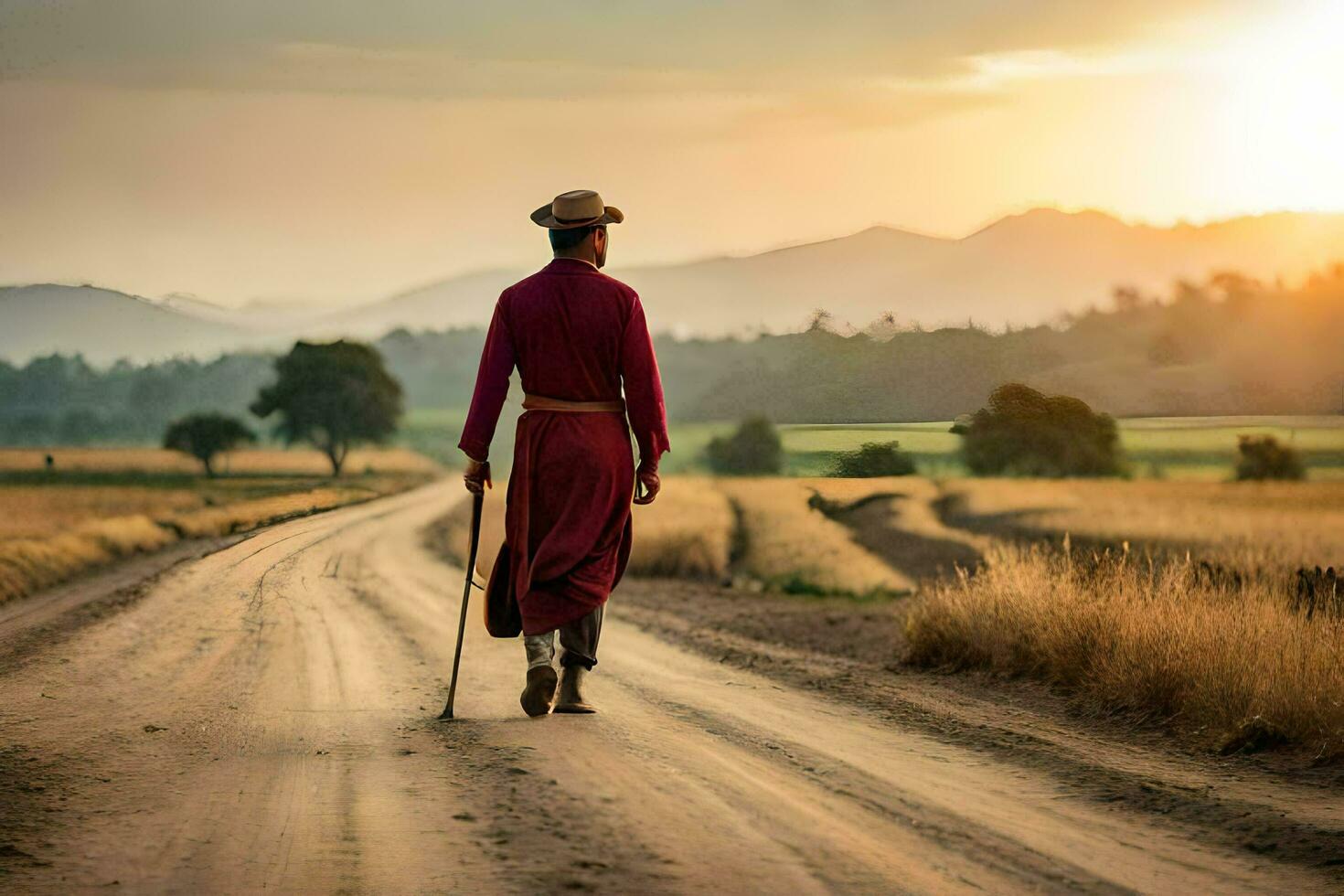 a monk walking on a dirt road at sunset. AI-Generated photo