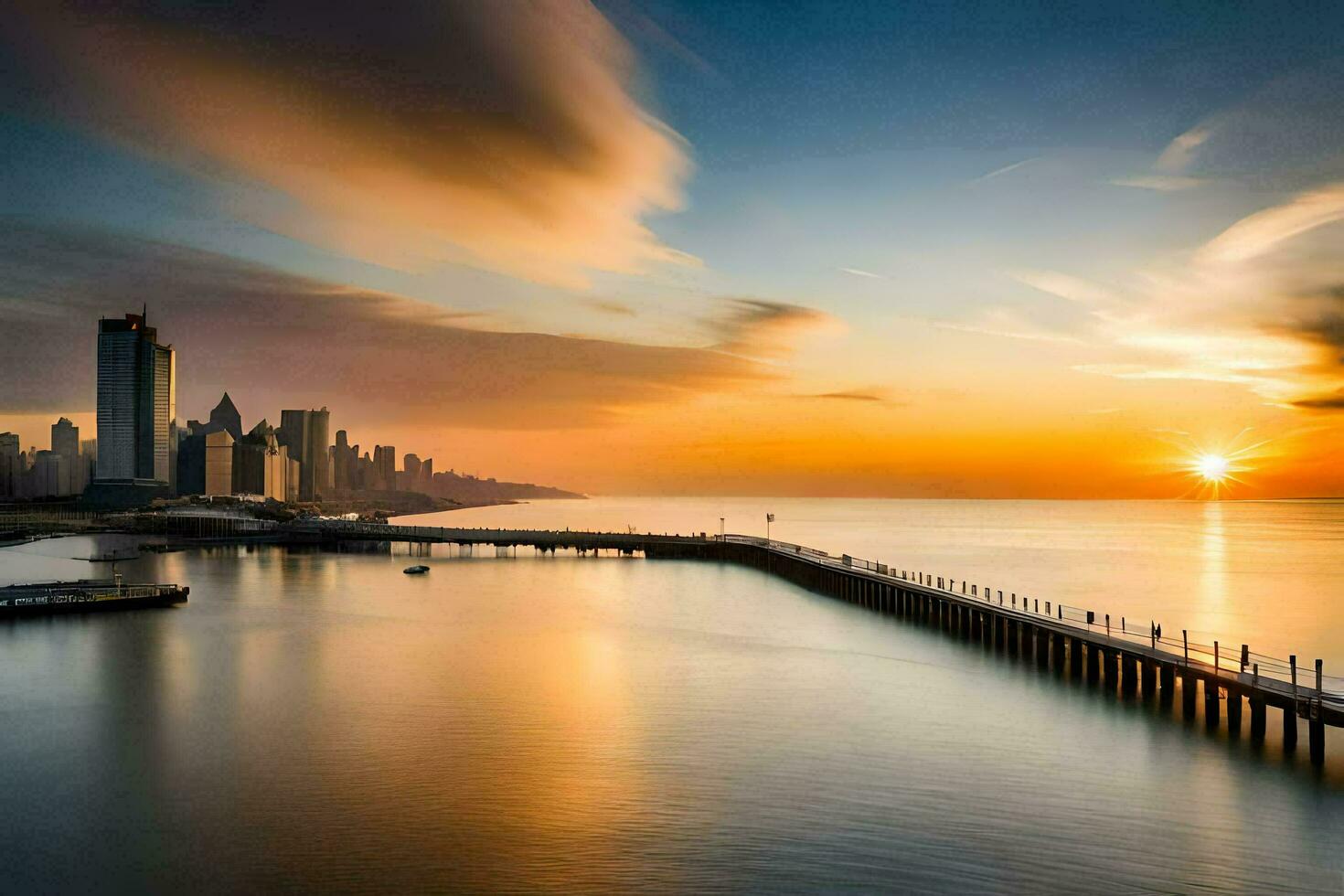 the sun rises over the city skyline in chicago. AI-Generated photo