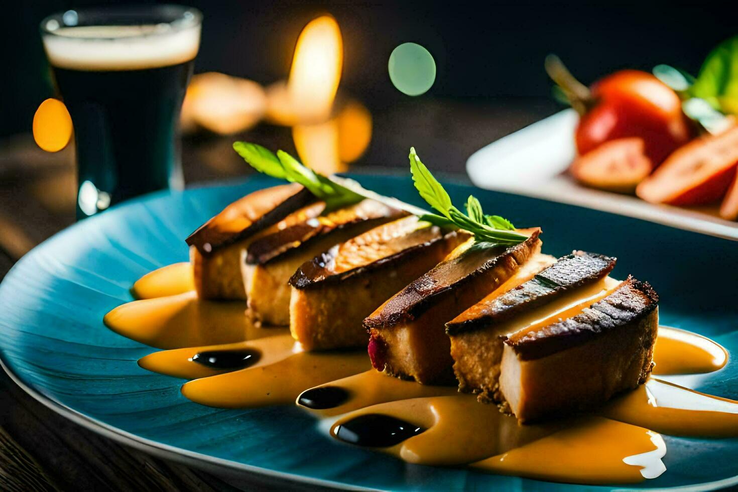 a plate with food and a glass of beer. AI-Generated photo