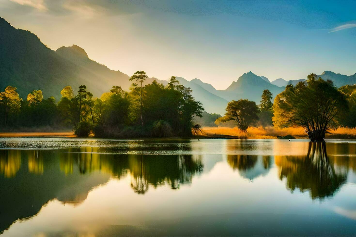 a lake surrounded by mountains and trees. AI-Generated photo