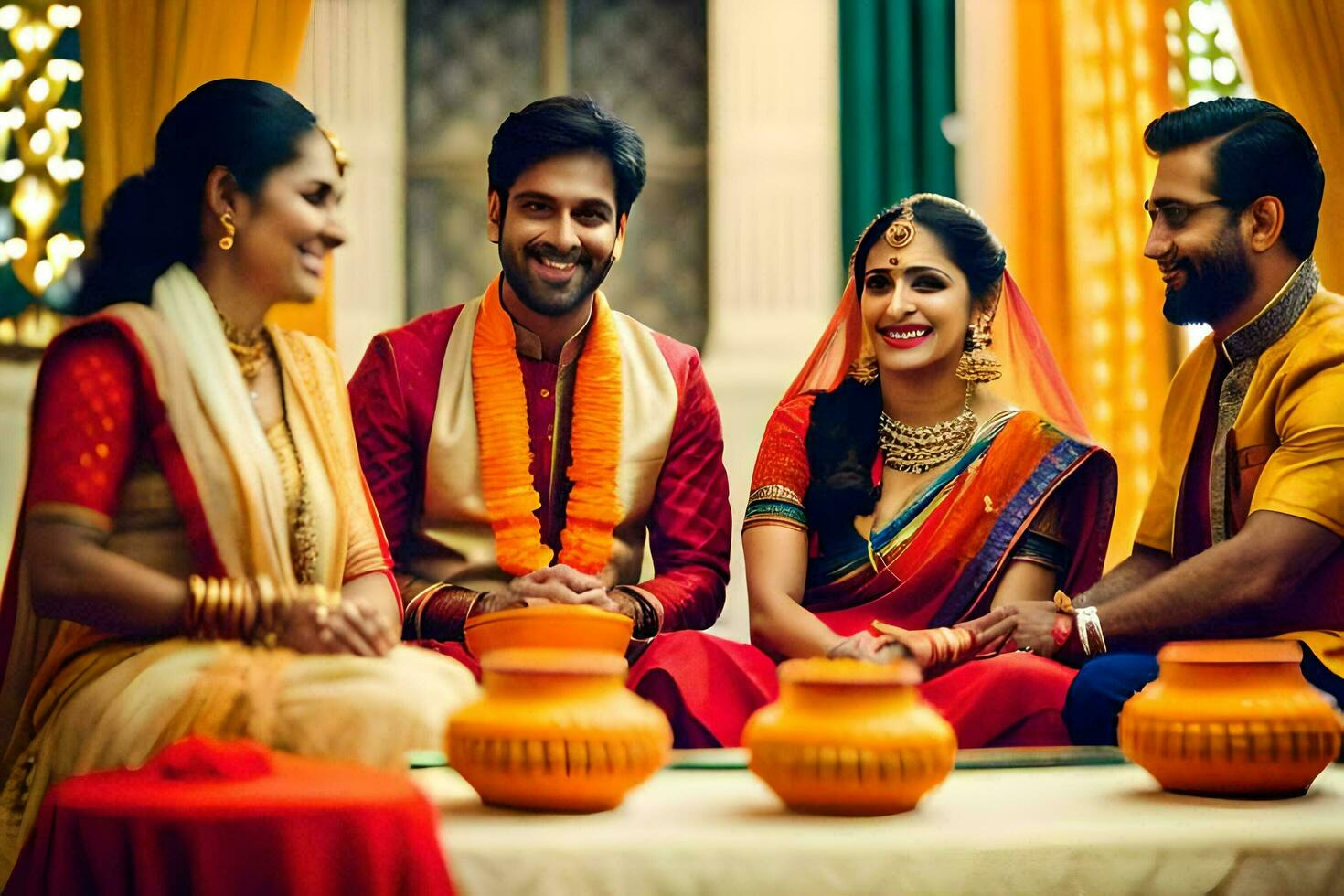 a couple and their friends in traditional indian attire. AI-Generated photo