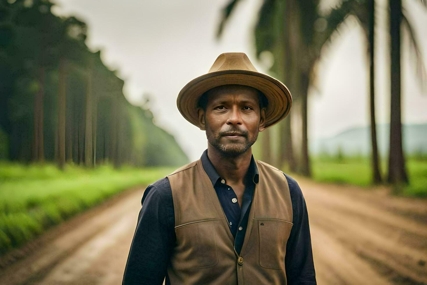 a man wearing a hat and vest standing in a dirt road. AI-Generated photo