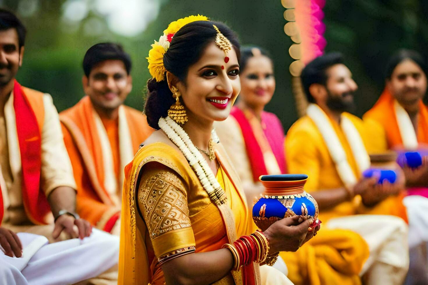 a woman in a bright sari holding a pot. AI-Generated photo